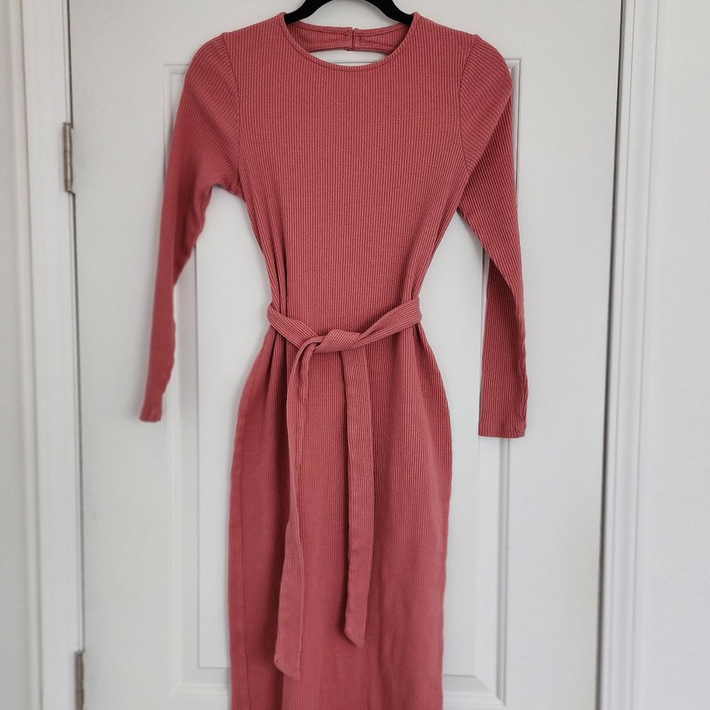 Cotton Ribbed Stretch Midi Sheath Bodycon Dress S - Picture 7 of 8